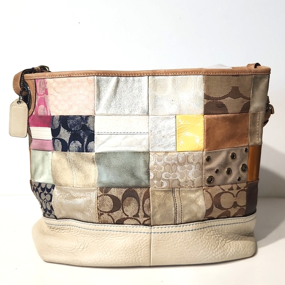 Coach Patchwork Leather Suede Canvas Signature Large Bucket Shoulder Bag - Picture 2 of 13